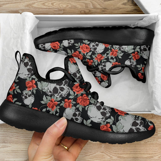 Red Rose Grey Skull Pattern Print Mesh Knit Shoes GearFrost
