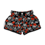 Red Rose Grey Skull Pattern Print Muay Thai Boxing Shorts