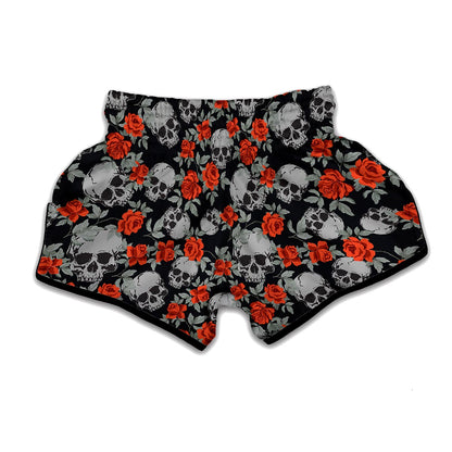 Red Rose Grey Skull Pattern Print Muay Thai Boxing Shorts