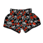 Red Rose Grey Skull Pattern Print Muay Thai Boxing Shorts