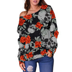 Red Rose Grey Skull Pattern Print Off Shoulder Sweatshirt GearFrost