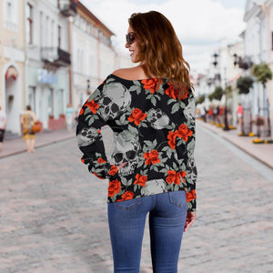 Red Rose Grey Skull Pattern Print Off Shoulder Sweatshirt GearFrost