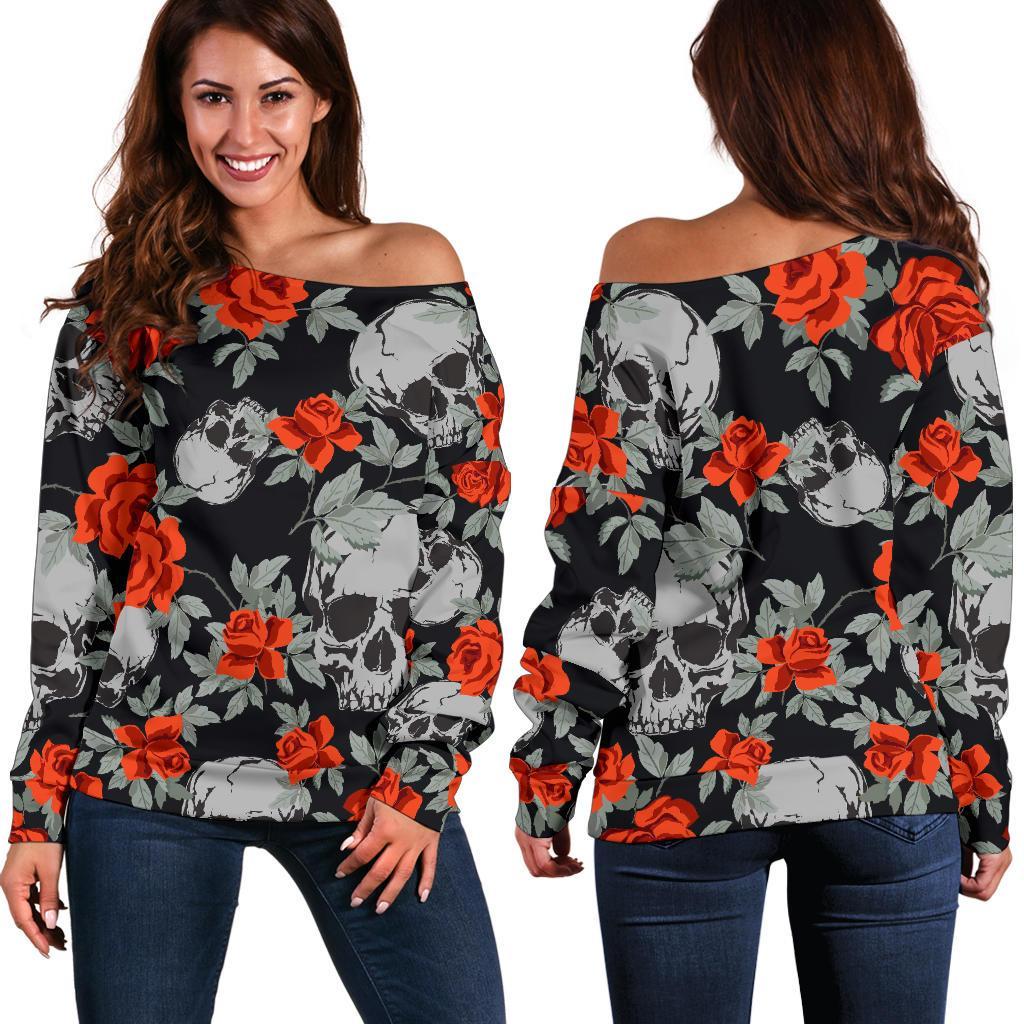 Red Rose Grey Skull Pattern Print Off Shoulder Sweatshirt GearFrost