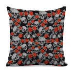 Red Rose Grey Skull Pattern Print Pillow Cover