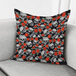 Red Rose Grey Skull Pattern Print Pillow Cover
