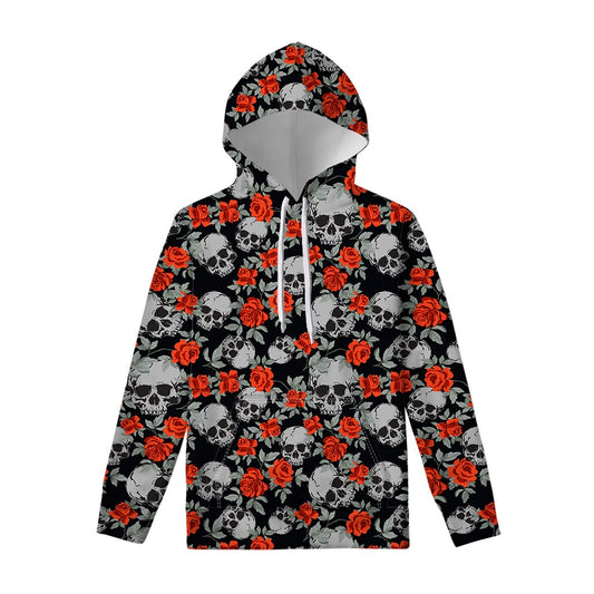 Red Rose Grey Skull Pattern Print Pullover Hoodie