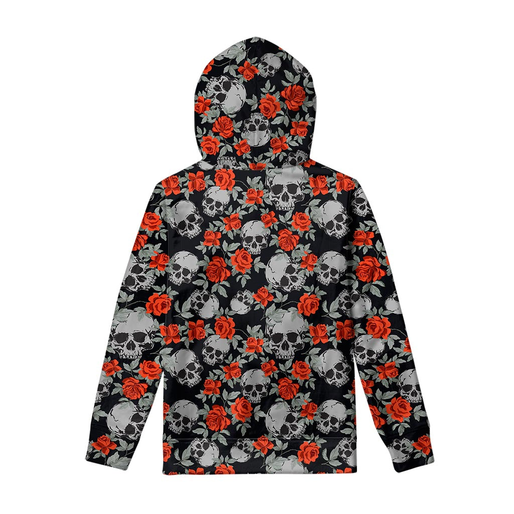 Red Rose Grey Skull Pattern Print Pullover Hoodie
