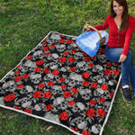 Red Rose Grey Skull Pattern Print Quilt