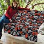 Red Rose Grey Skull Pattern Print Quilt