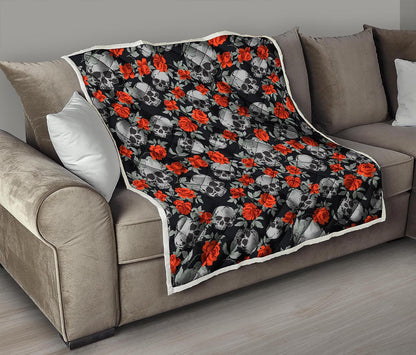Red Rose Grey Skull Pattern Print Quilt
