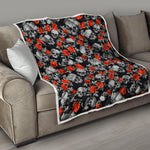 Red Rose Grey Skull Pattern Print Quilt