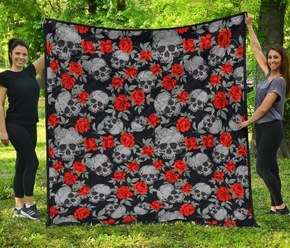 Red Rose Grey Skull Pattern Print Quilt