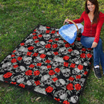 Red Rose Grey Skull Pattern Print Quilt