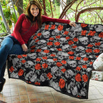 Red Rose Grey Skull Pattern Print Quilt