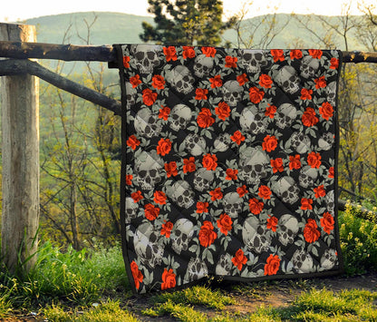 Red Rose Grey Skull Pattern Print Quilt