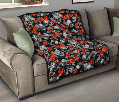 Red Rose Grey Skull Pattern Print Quilt