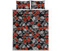 Red Rose Grey Skull Pattern Print Quilt Bed Set