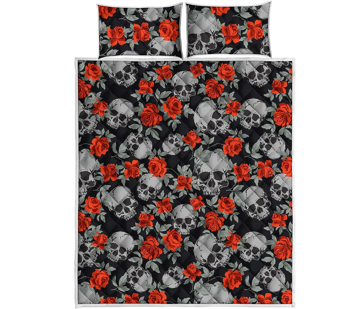 Red Rose Grey Skull Pattern Print Quilt Bed Set