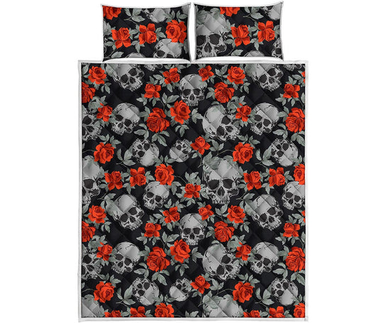 Red Rose Grey Skull Pattern Print Quilt Bed Set
