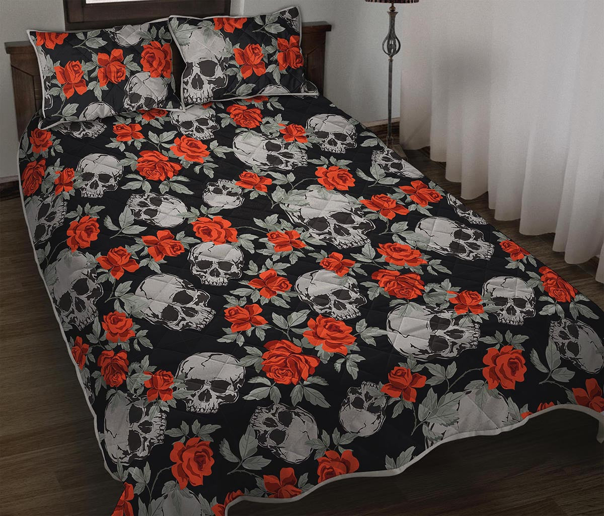 Red Rose Grey Skull Pattern Print Quilt Bed Set