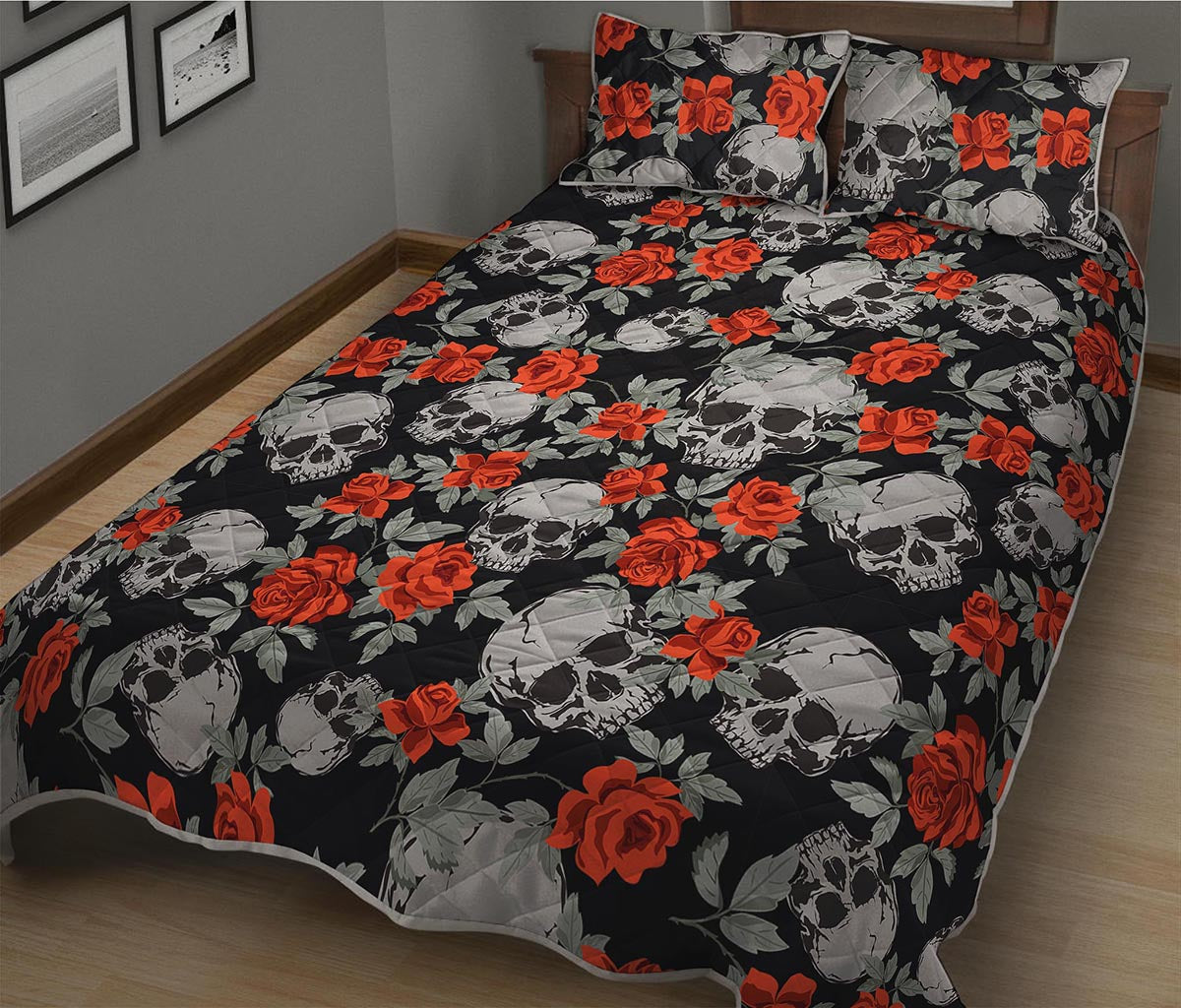 Red Rose Grey Skull Pattern Print Quilt Bed Set