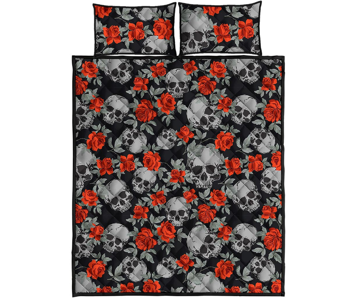 Red Rose Grey Skull Pattern Print Quilt Bed Set
