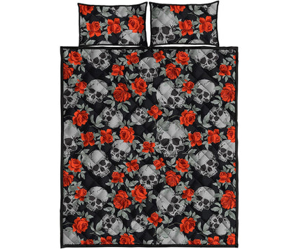 Red Rose Grey Skull Pattern Print Quilt Bed Set