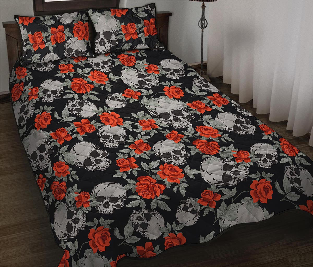 Red Rose Grey Skull Pattern Print Quilt Bed Set