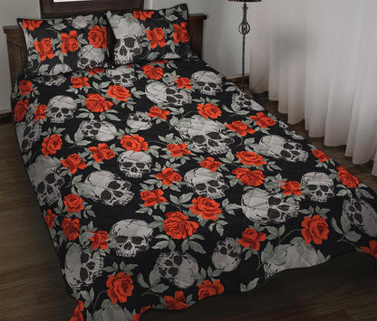 Red Rose Grey Skull Pattern Print Quilt Bed Set