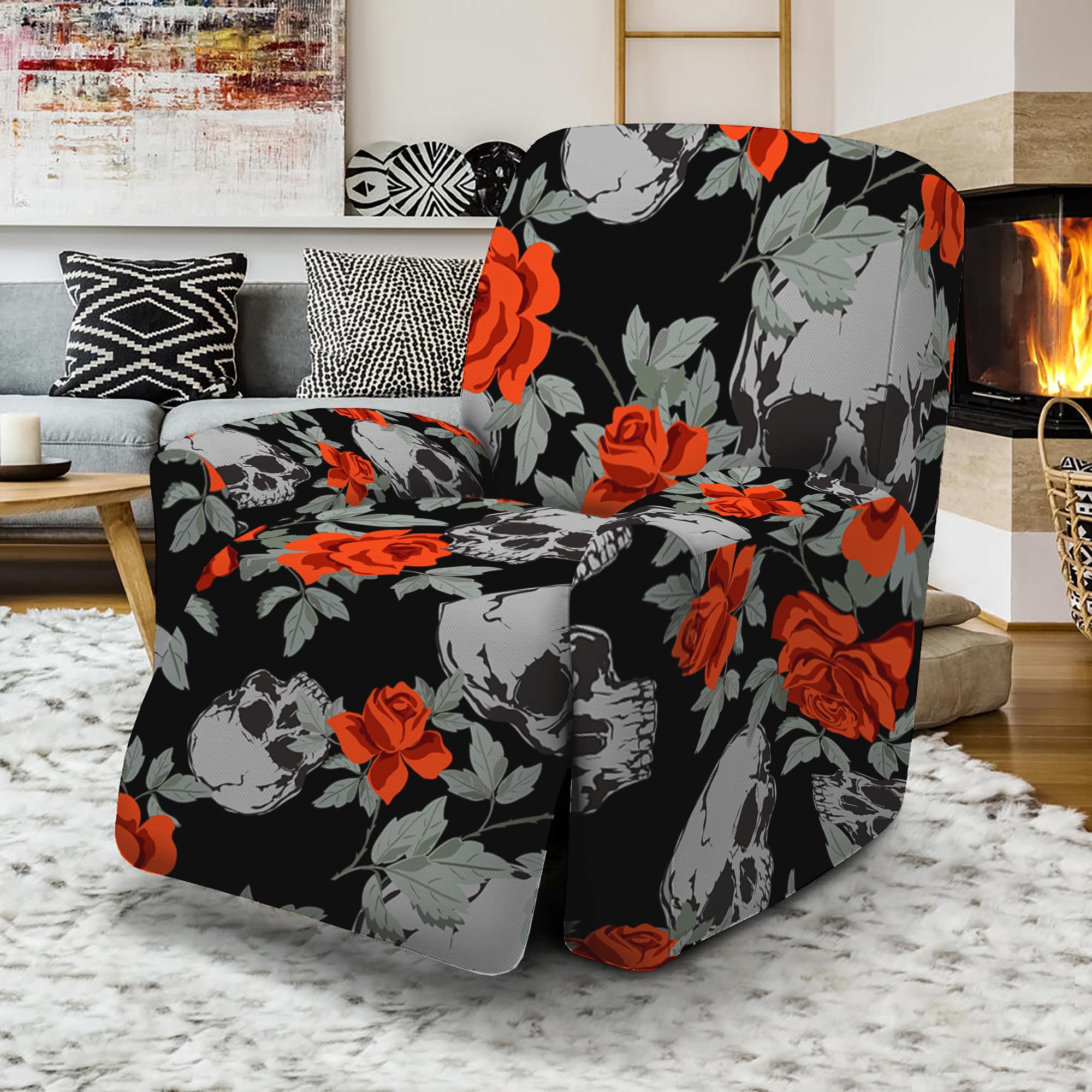 Red Rose Grey Skull Pattern Print Recliner Slipcover