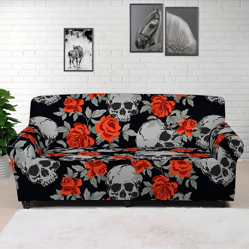 Red Rose Grey Skull Pattern Print Sofa Cover