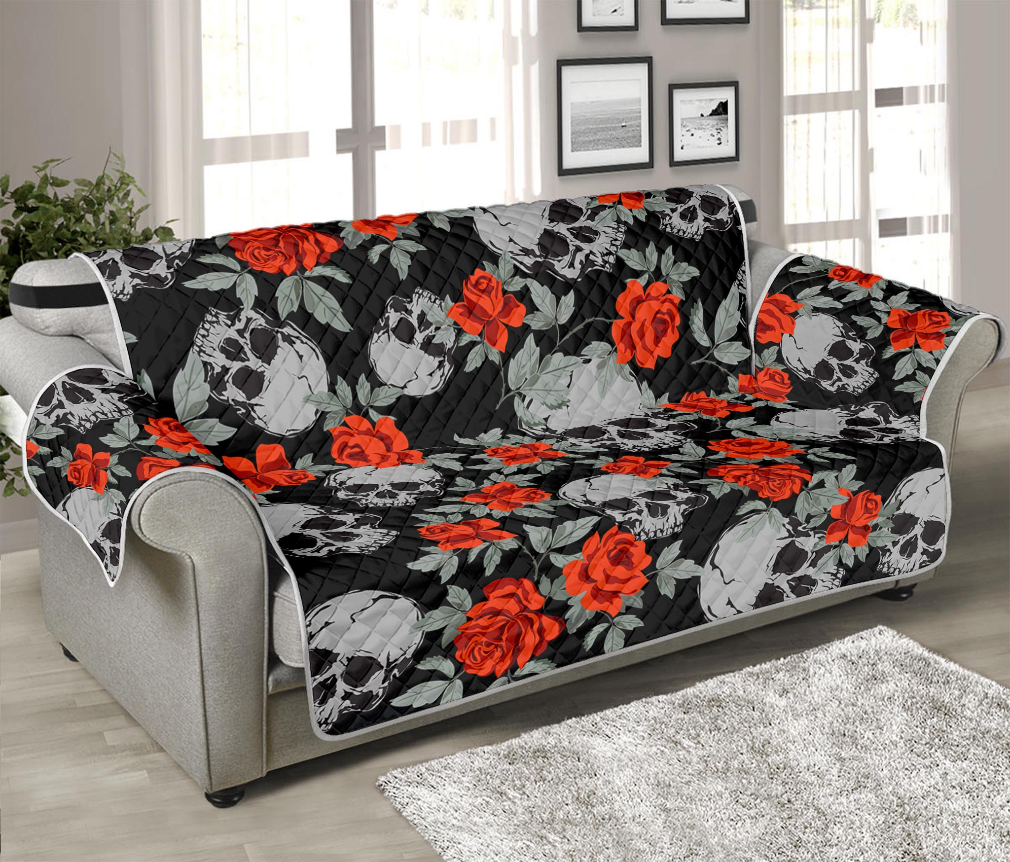 Red Rose Grey Skull Pattern Print Sofa Protector