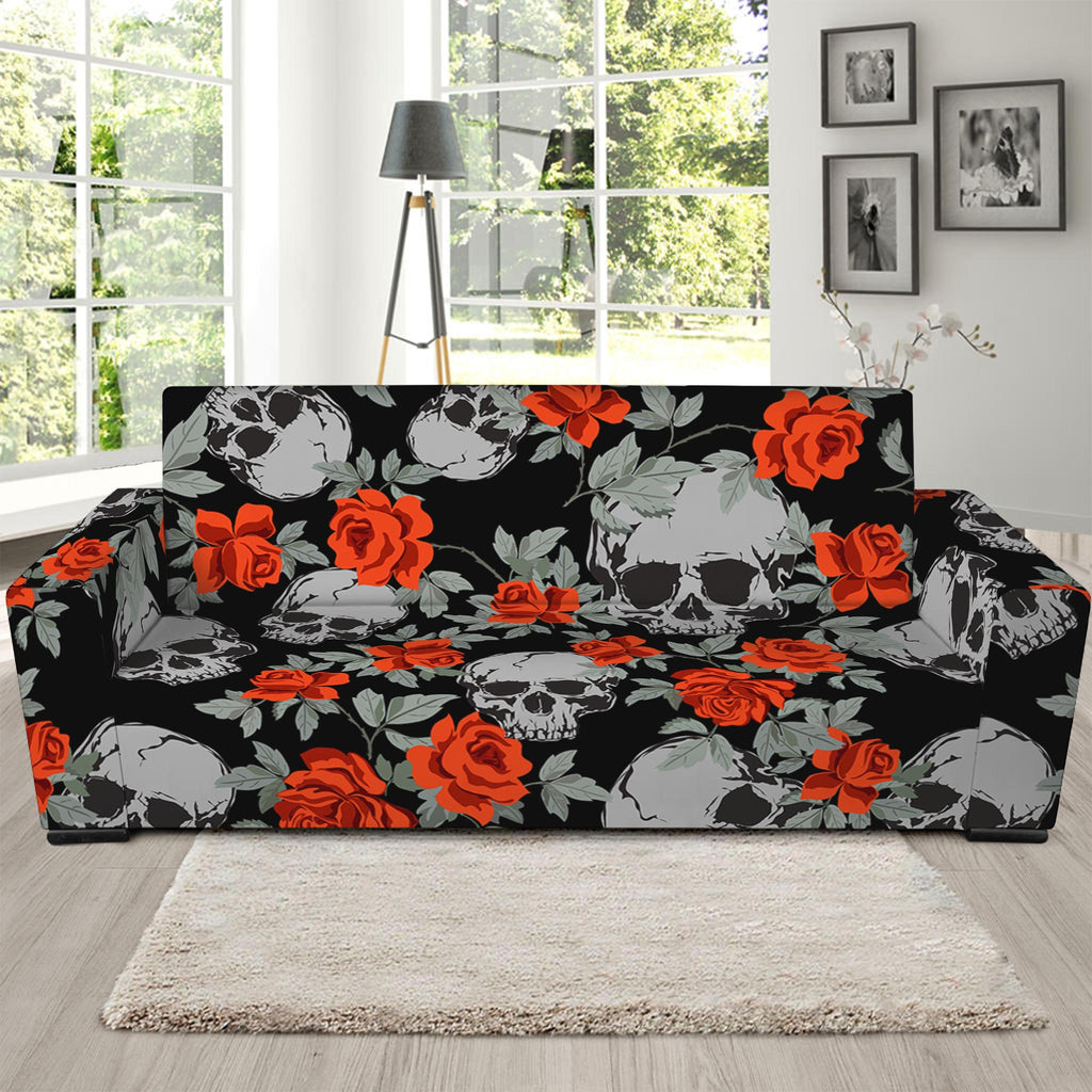 Red Rose Grey Skull Pattern Print Sofa Slipcover