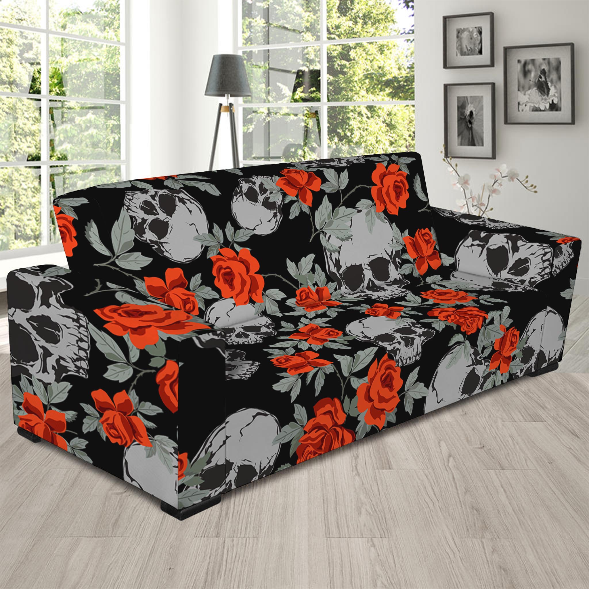 Red Rose Grey Skull Pattern Print Sofa Slipcover