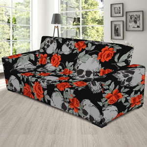 Red Rose Grey Skull Pattern Print Sofa Slipcover