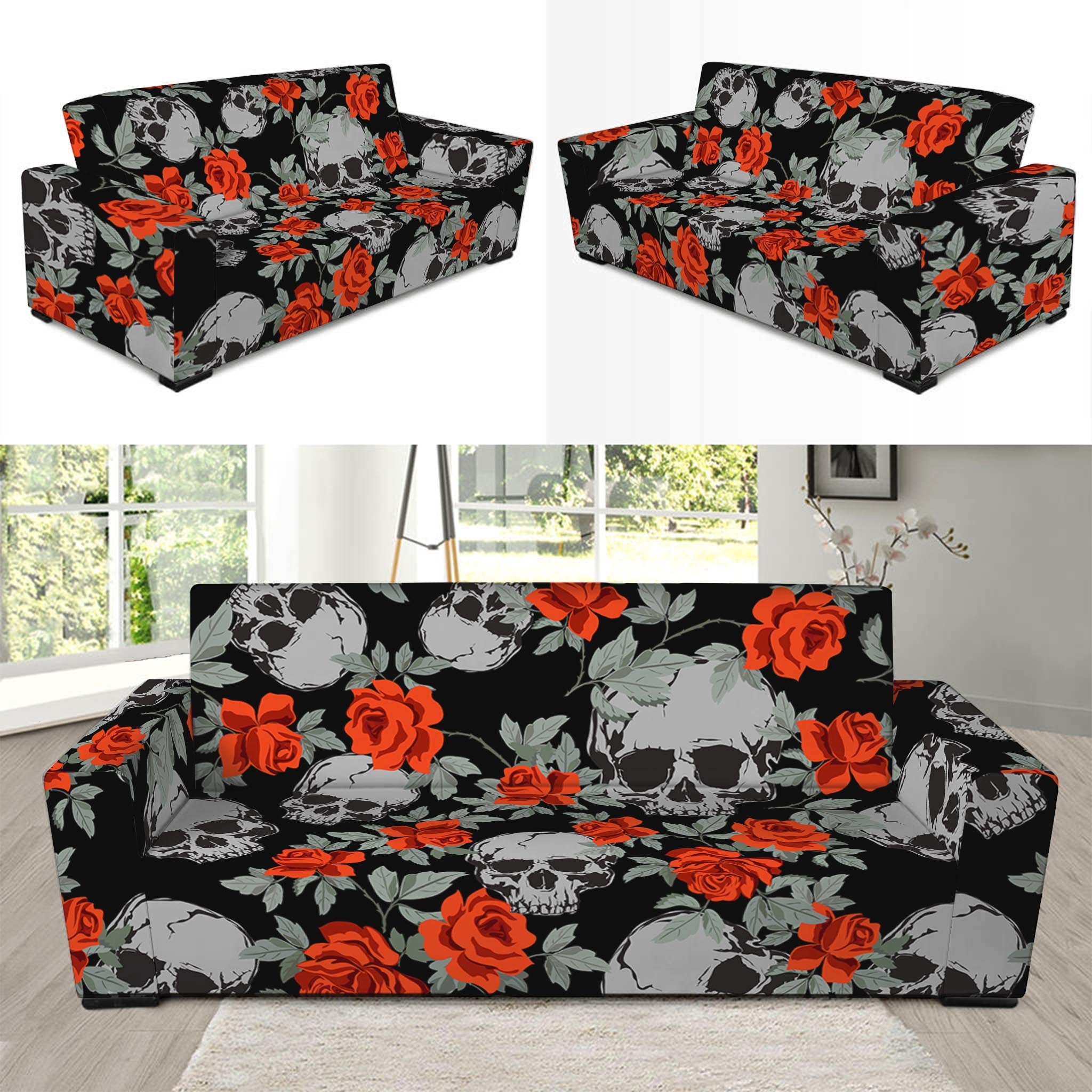 Red Rose Grey Skull Pattern Print Sofa Slipcover