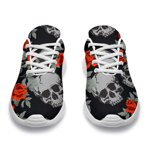 Red Rose Grey Skull Pattern Print Sport Shoes GearFrost