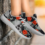 Red Rose Grey Skull Pattern Print Sport Shoes GearFrost