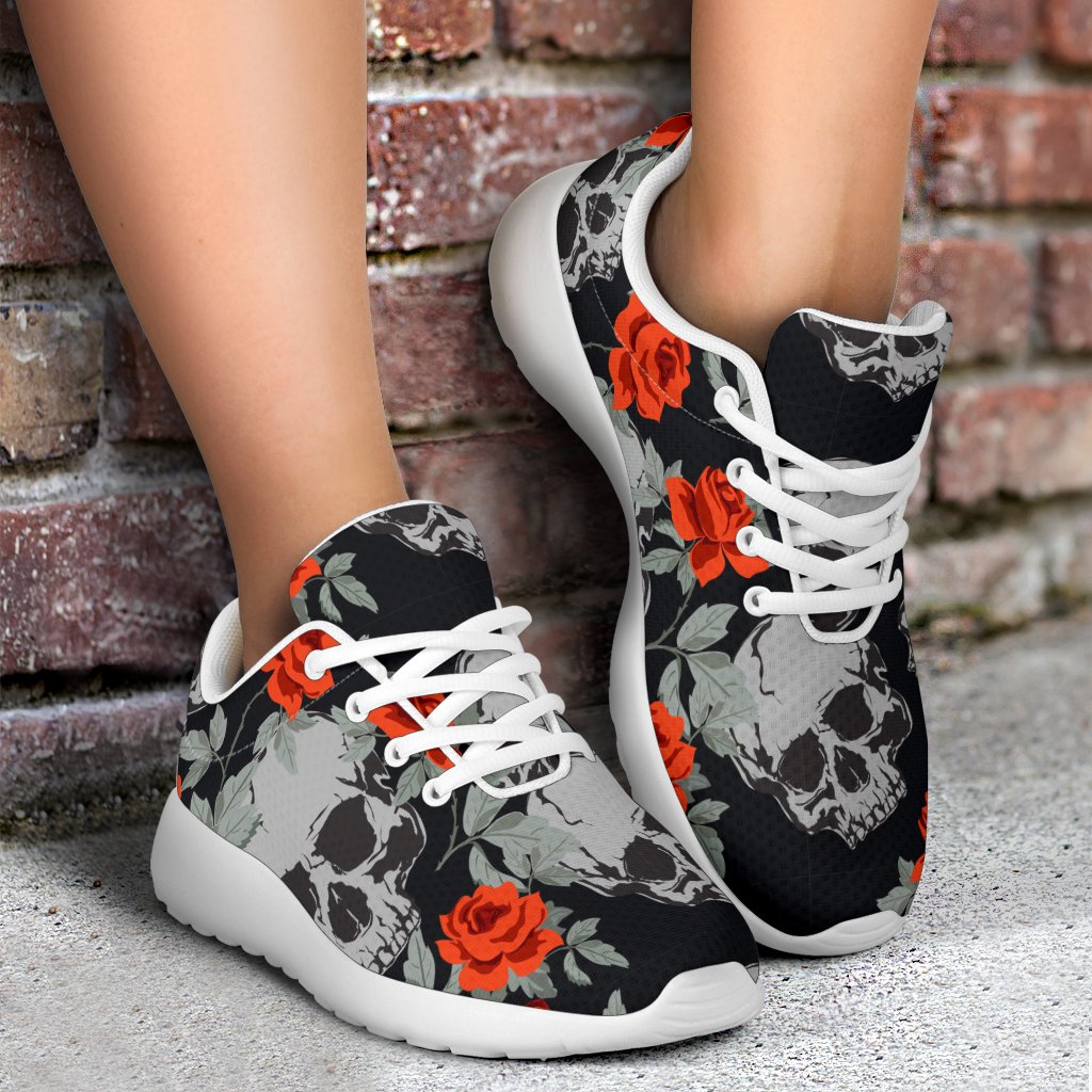 Red Rose Grey Skull Pattern Print Sport Shoes GearFrost