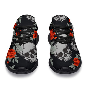 Red Rose Grey Skull Pattern Print Sport Shoes GearFrost