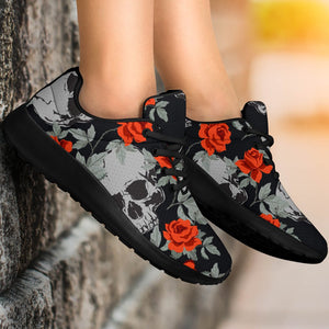 Red Rose Grey Skull Pattern Print Sport Shoes GearFrost