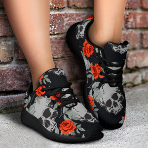 Red Rose Grey Skull Pattern Print Sport Shoes GearFrost