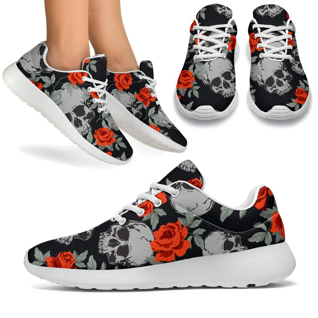 Red Rose Grey Skull Pattern Print Sport Shoes GearFrost