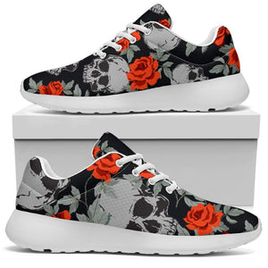 Red Rose Grey Skull Pattern Print Sport Shoes GearFrost