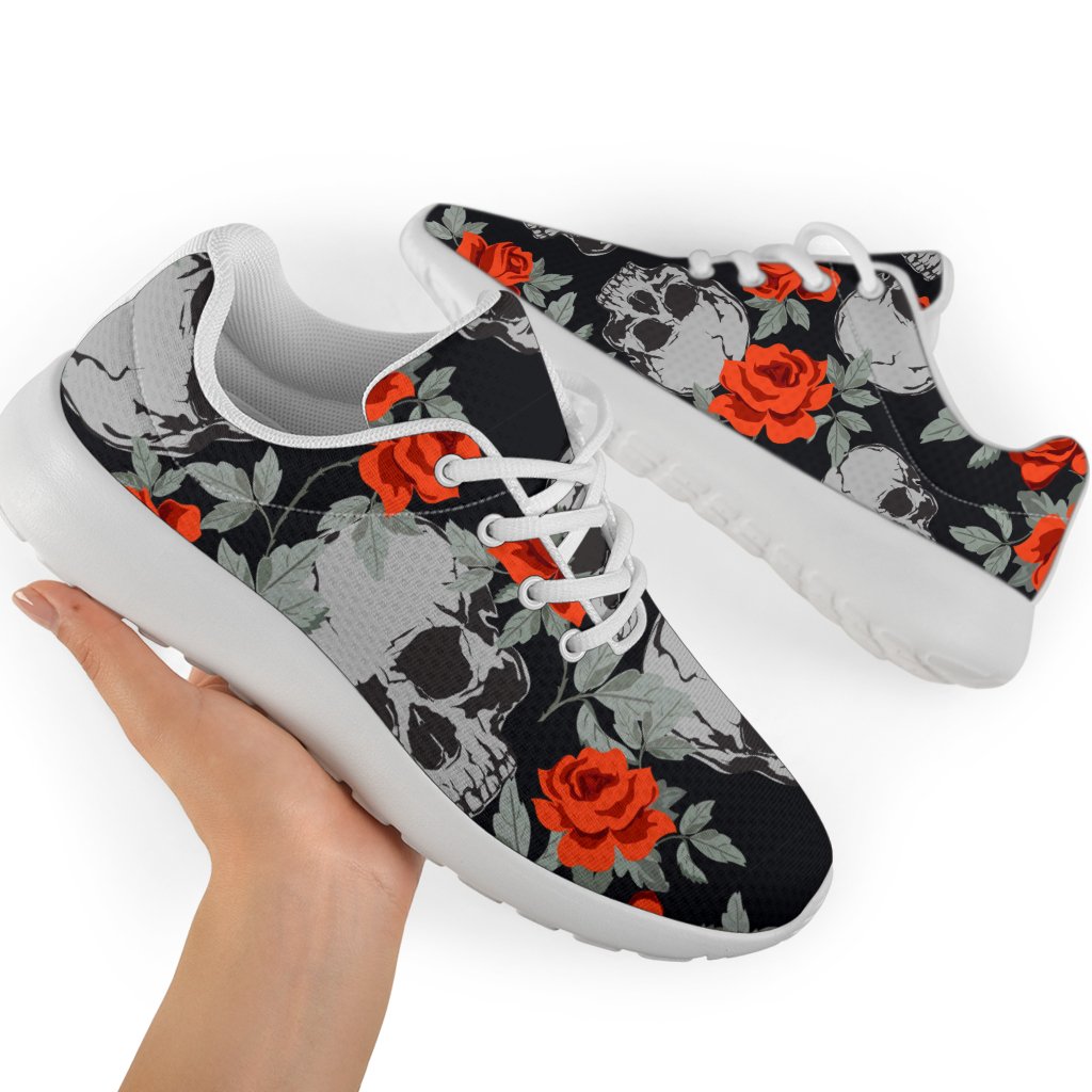 Red Rose Grey Skull Pattern Print Sport Shoes GearFrost