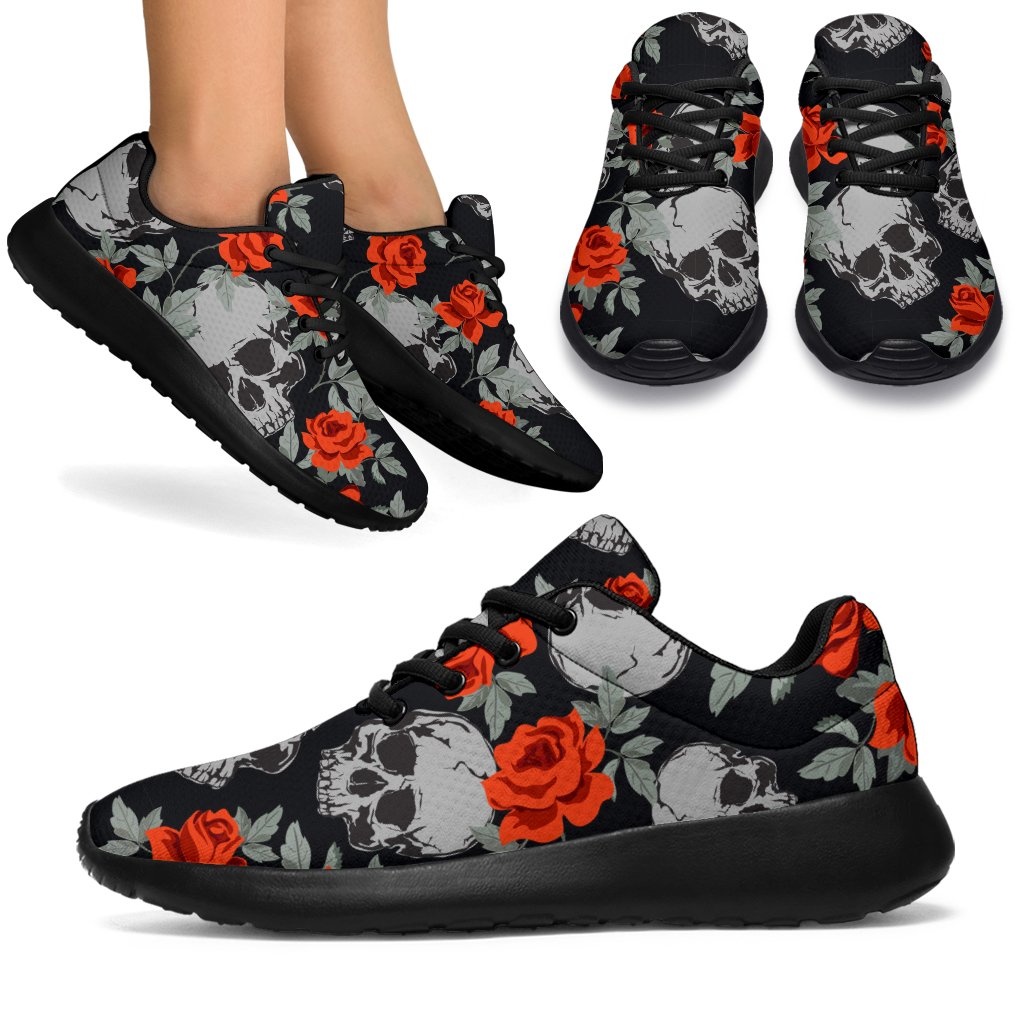 Red Rose Grey Skull Pattern Print Sport Shoes GearFrost