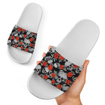 Red Rose Grey Skull Pattern Print White Slide Sandals