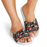 Red Rose Grey Skull Pattern Print White Slide Sandals