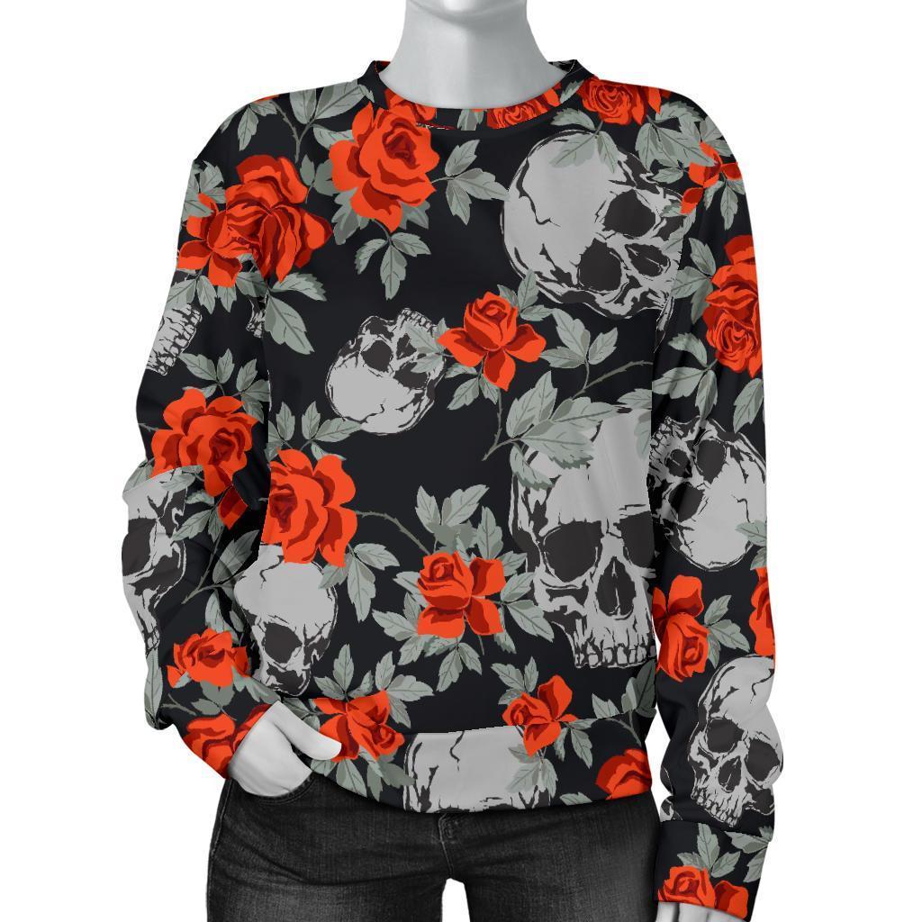 Red Rose Grey Skull Pattern Print Women's Crewneck Sweatshirt GearFrost