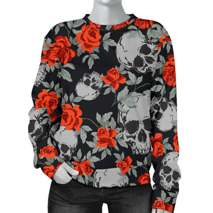 Red Rose Grey Skull Pattern Print Women's Crewneck Sweatshirt GearFrost